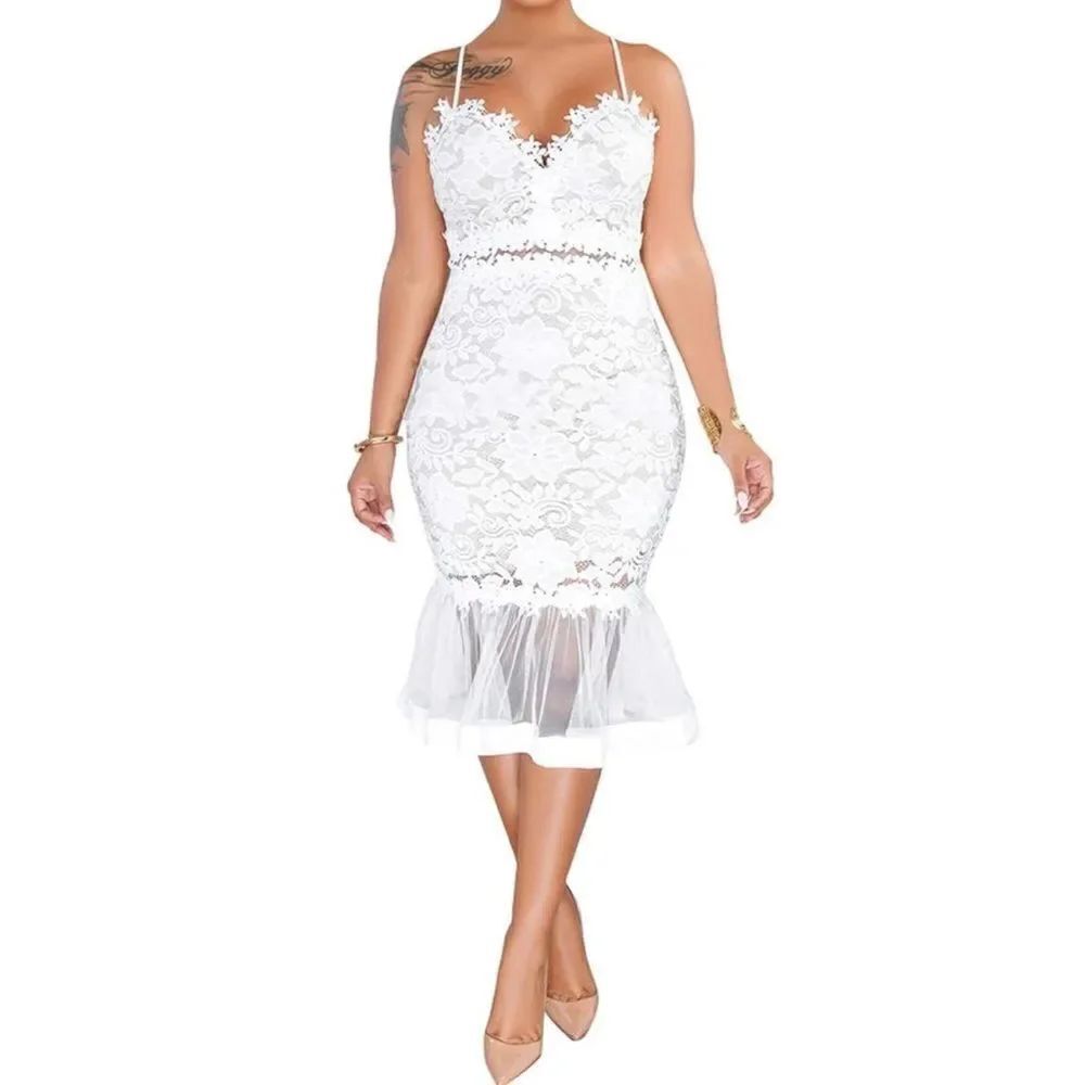 White Floral Lace Mermaid BodyCon Party Dress Sheer RuffleHem Size USXL (tag3XL)